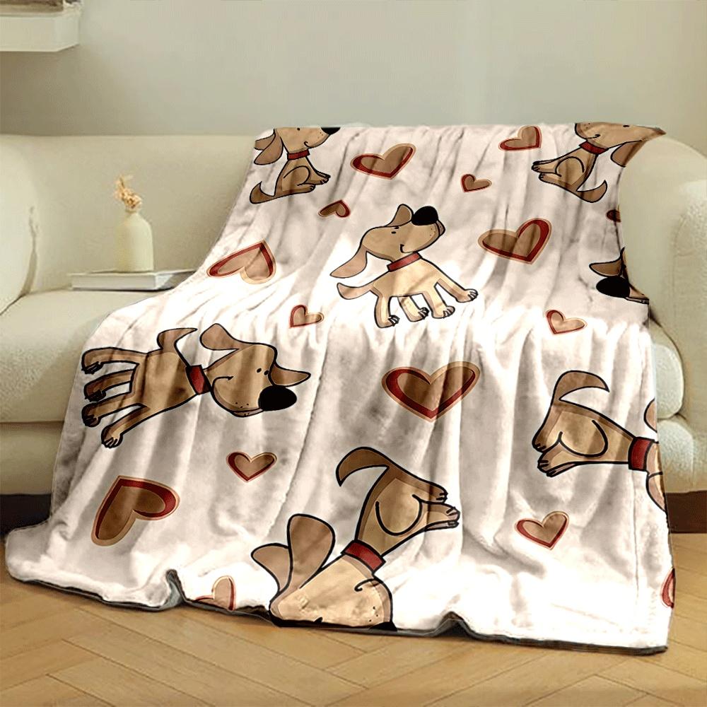 Cartoon dogs with red collars surrounded by brown and red hearts. for all seasons blanket lunch break throw gift