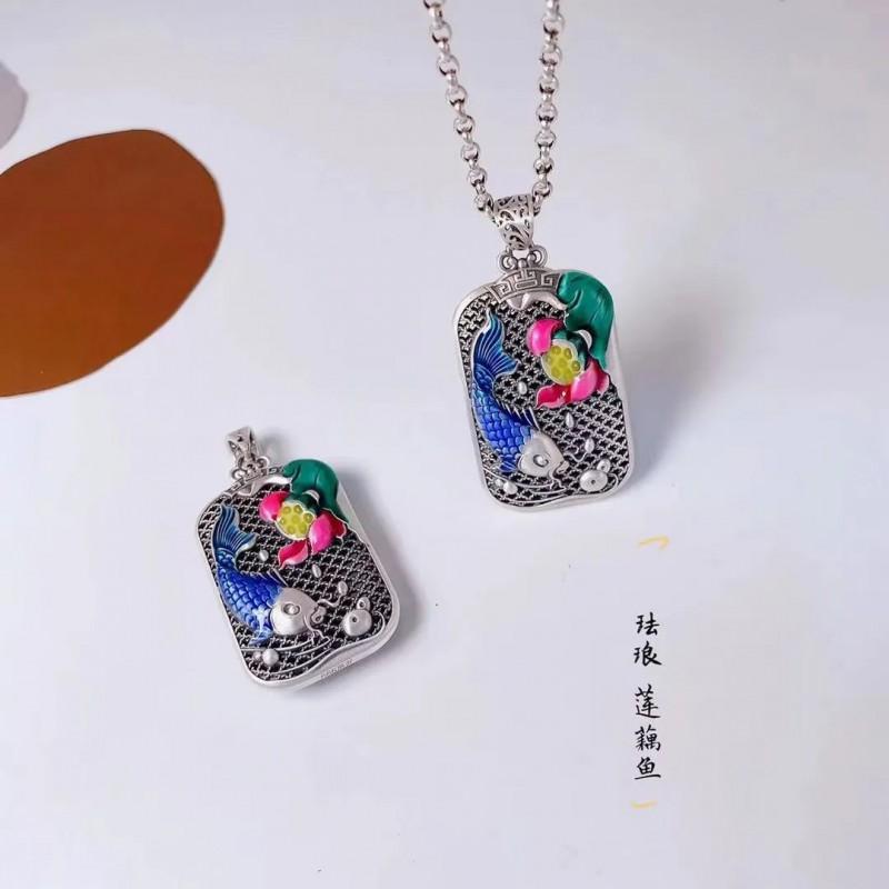 Chinese Style Fish Pendant Necklace Men Women Enamel Copper Charm With Pearl Chain Or Leather Cord