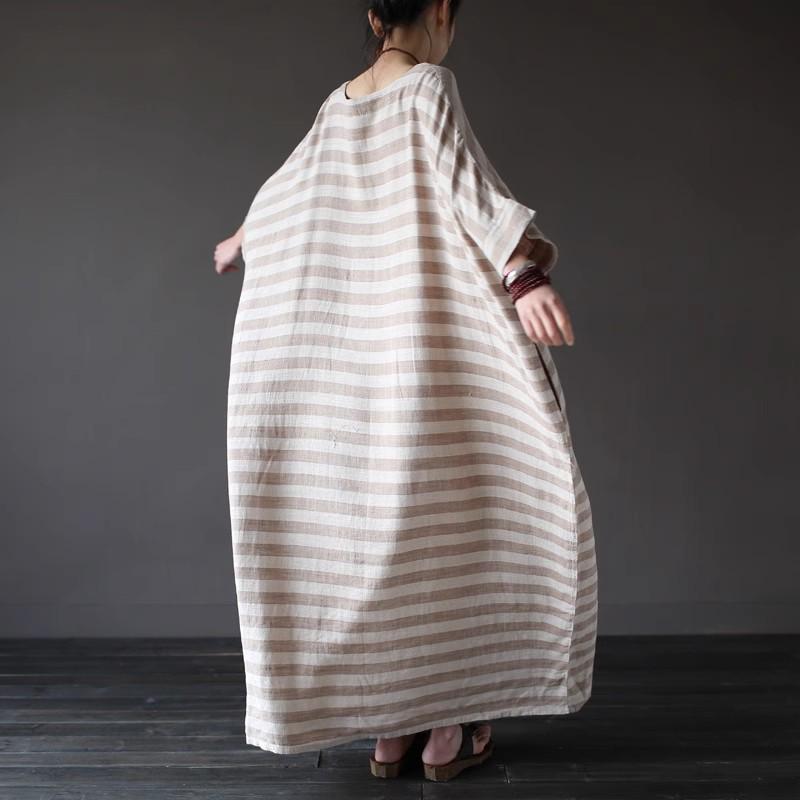 Весеннее платье миди в этническом стиле с полосатым принтом из хлопка и льна для женщин