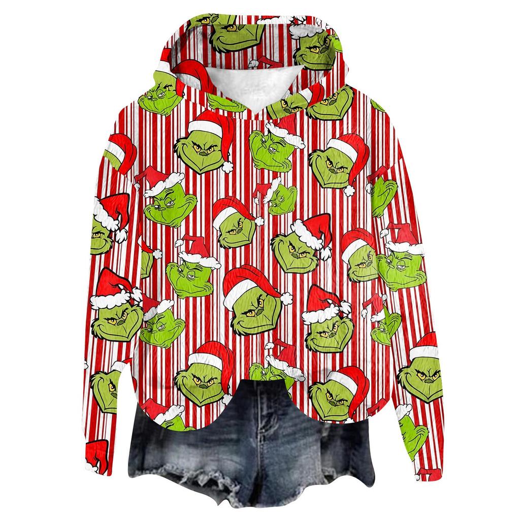Women's Hooded Long Sleeve Christmas Printed Flannel Top Hooded Sweatshirt