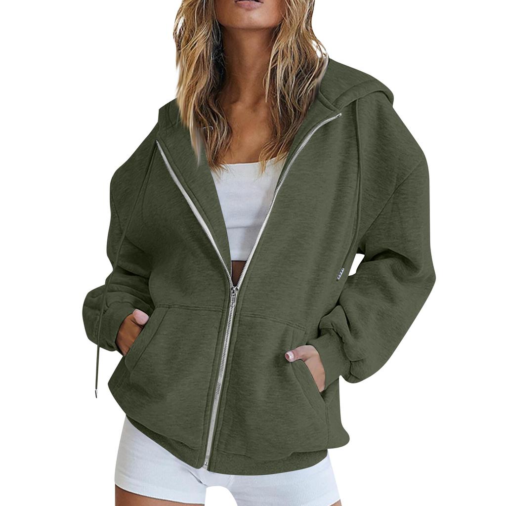 Women's Autumn Fashion Zipper Hoodie Long Sleeve Hooded Pullover Sweatshirt Casual Solid Color Tops With Pockets