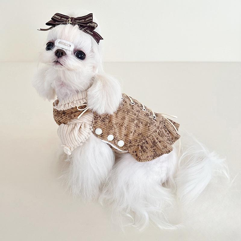 Autumn Winter Striped Lace Doll Collar Base Shirt Cute Corduroy Drawstring Vest Plush Bubble Sleeves Shoulder Strap Skirt Set