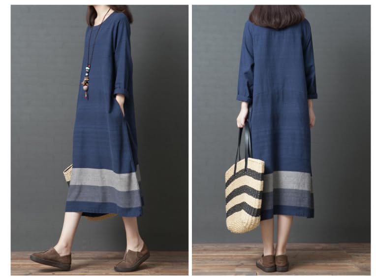 JINJUDUO Длинное Свободное Миди Цвет Расслабленные Размеры Офисное Осеннее Женское Хлопково-Льняное Платье, Рукав, А-силуэт, Посадка, Длина, Блок, Посадка, M-2XL, Стройнящее,