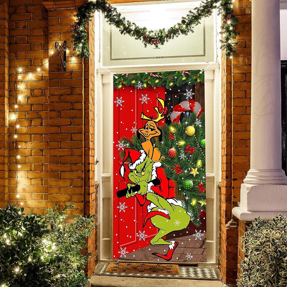 Merry Christmas Grinch Christmas Door Cover Decorations Banner Grinch Green Backdrop