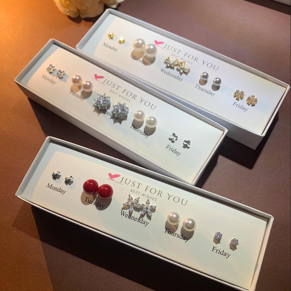 Набор серег-пуссетов в форме сердца с цирконом, цветком и жемчугом для женщин