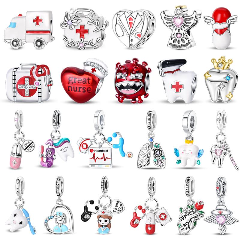 925 Silve Charms Beads Doctor's Teeth Dentist Charms First Aid Kit Dangle For Bracelet Occupation Jewelry Gift