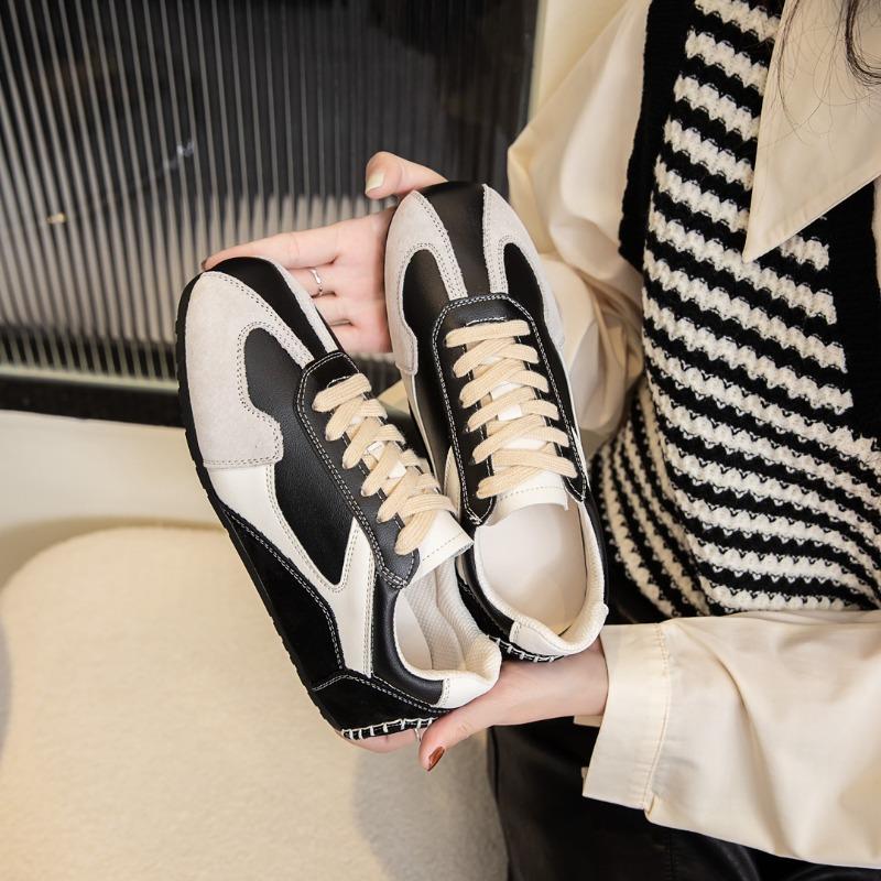 Fashion Leather Square Head Women's Autumn New Color Matching Lace-up Flat Bottom Casual Sports Shoes