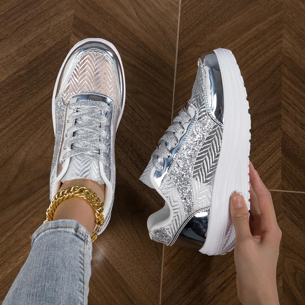Women Casual Shoes Silver Stripes Glitter Platform Sneakers Female Spring Autumn Non Slip Thick Soled Walking Shoes