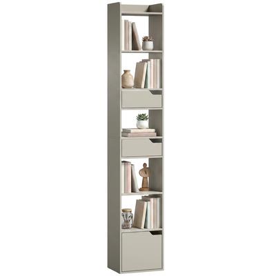 Bookcase Tall Narrow with 5 Tiers and Drawers Freestanding Bookshelf Storage Cabinet for Living Room Grey