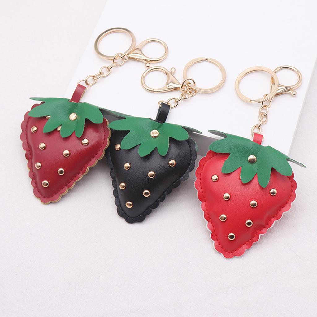 Studded Strawberry Car Keychain with Rivet Decoration PU Leather Key Ring Accessory Bag Pendant For Women Men