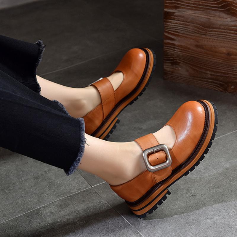 Johnature Модные универсальные туфли Мэри Джейн с металлической пряжкой и круглым носком на толстой подошве, женская обувь из натуральной кожи