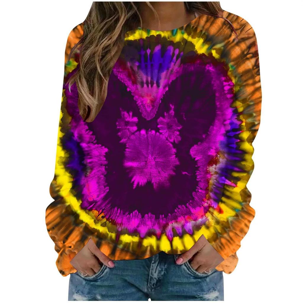 Круглый вырез 3D Tie Dye Кролик Принт Топ Модные Повседневные Длинные Рукава Женские Футболки