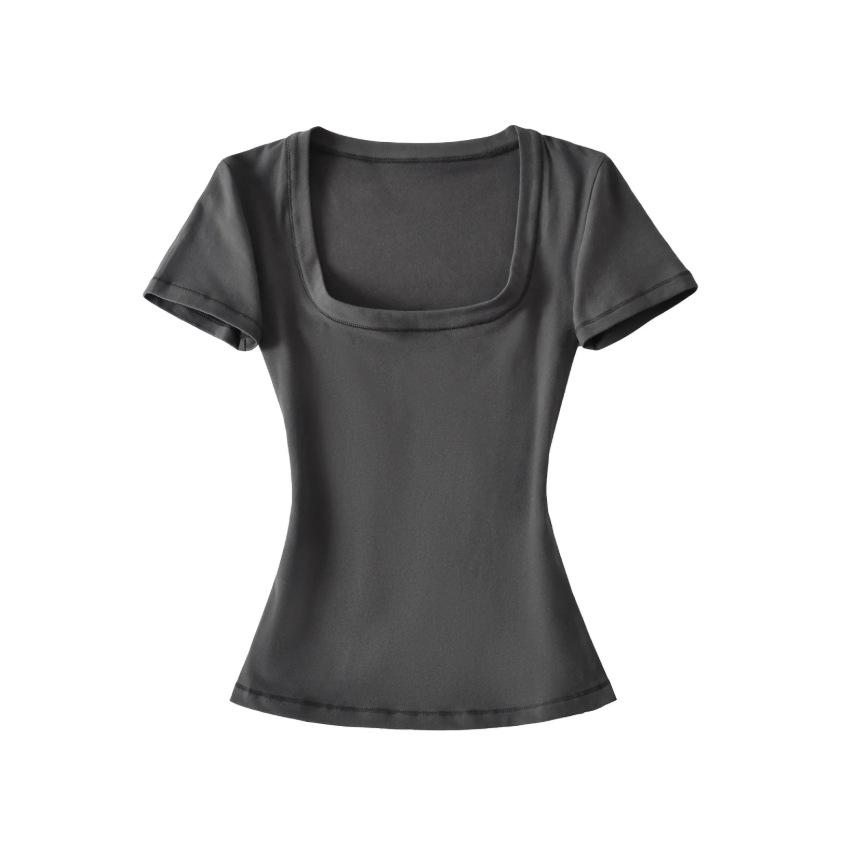 U-neck ant waist short-sleeved T-shirt women's summer new American Spice Girl style solid color slim-fitting bottoming top