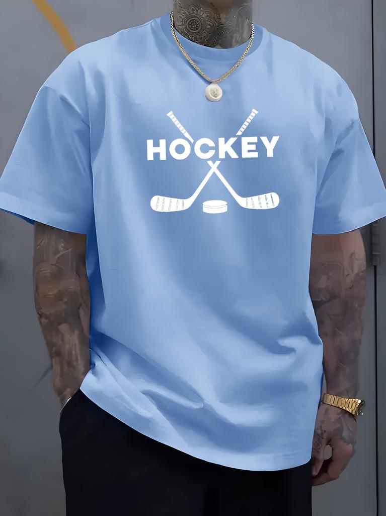Unisex O Neck Tee Hockey Sports Stick Puck Pattern Print Cotton Short Sleeve Loose Summer Breathable Daily Casual Basic Wear Top