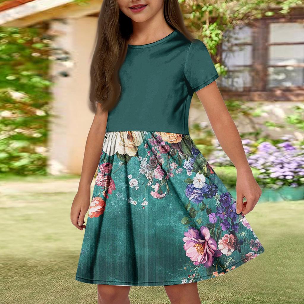 Летнее платье для девочек, однотонное платье без рукавов с принтом и карманом, повседневное платье, вечернее платье с короткими рукавами