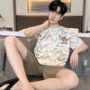 Летние тонкие хлопковые трикотажные топы с коротким рукавом и шорты мужские пижамные комплекты корейские пижамы с принтом тай-дай для мужчин одежда для сна костюмы домашняя одежда