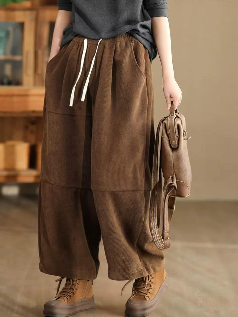 Johnature Woman Winter Vintage Splicing Solid Color Cotton Harem Pants Elasticated Waist Chinese Style Casual Pants