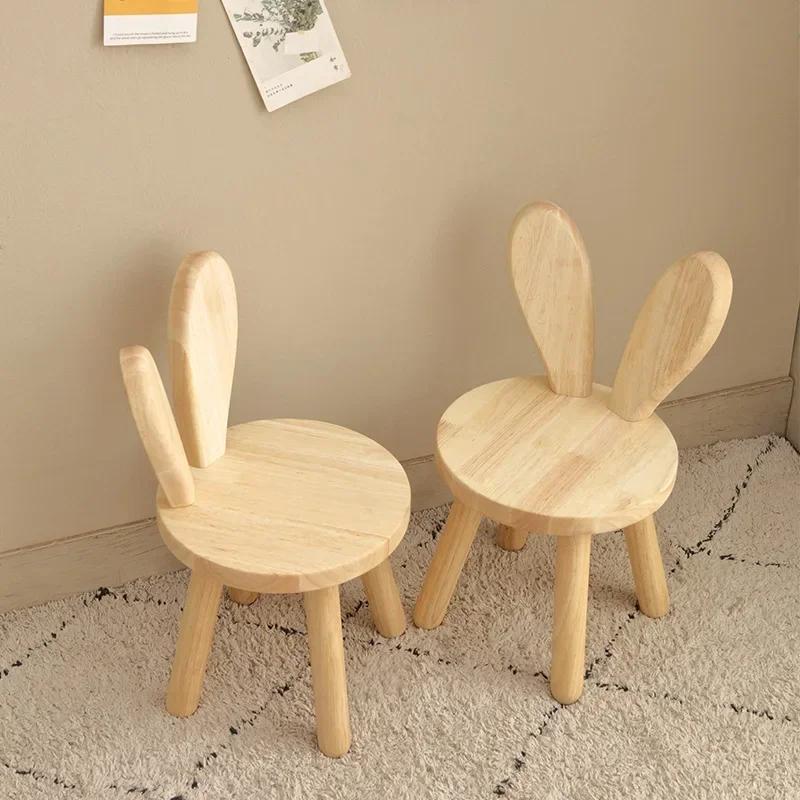 Household Wood Solid Stool Shoeshine Stool Children Backrest Small Chair Wooden Bench Square Stool Coffee Table Rabbit Ears