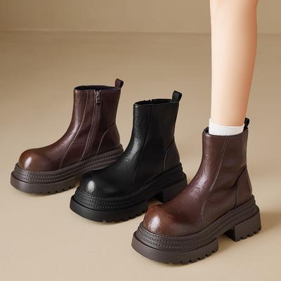 Осень Зима Массивный Каблук Женские Мотоботы Комфорт Круглый Носок Обувь Уличный Стиль Кожа Современные Короткие Ботфорты Женские
