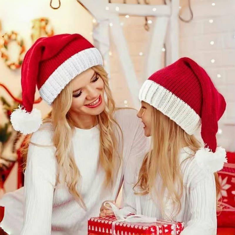 Рождественская теплая вязаная шерстяная шапка зимняя красная шапка Санты праздничное платье родитель-ребенок шерстяная шапка