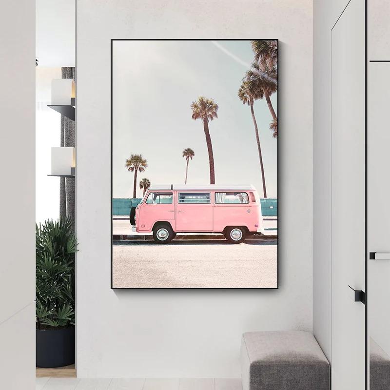 Pink Nordic Summer Holiday Travel Beach Surf Ocean Art Poster Canvas Painting Wall Art for Living Room Bedroom Home Decoration