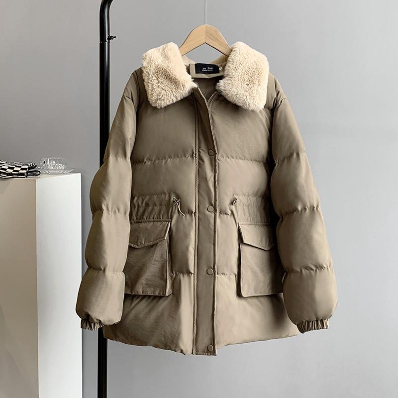 Women Autumn Winter Imitation Rabbit Hair Slim Cotton Coat Lapel Neck Solid Color Drawstring Padded Jacket