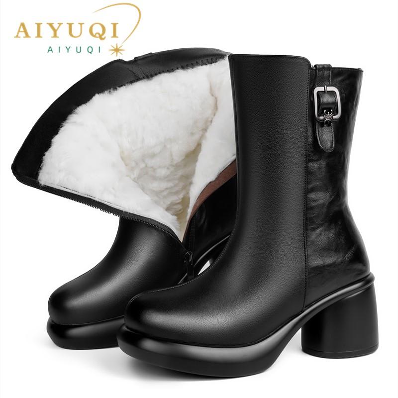Fashion AIYUQI Women's Winter Boots Genuine Leather 2025 New High Heel Boots Women Natural Wool Warm Winter Mom Boots Women
