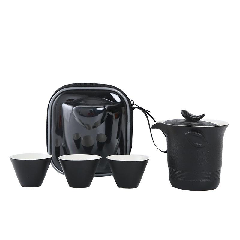 Black pottery travel tea set, one pot, three cups, outdoor car portable express cup business gift set can be printed