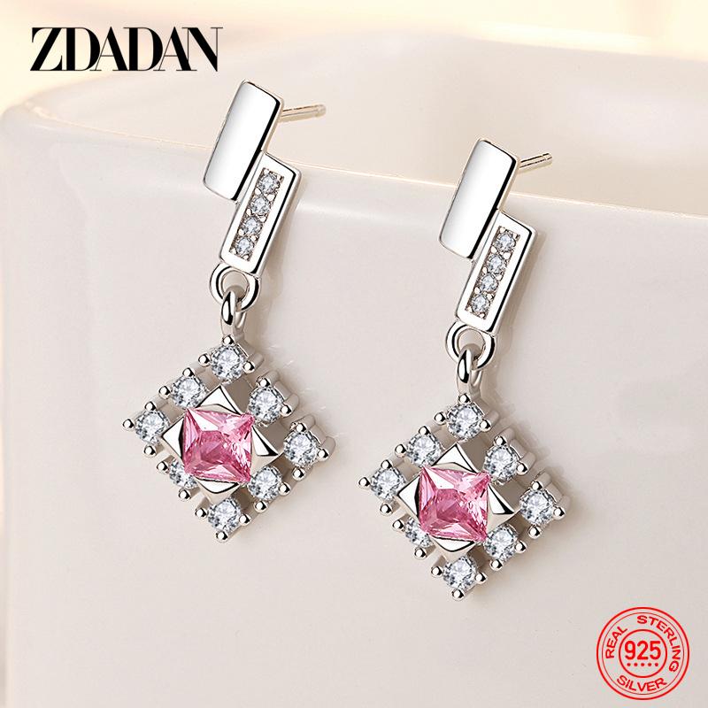 ZDADAN 925 Silver Pink Crystal Snowflake Drop Earrings for Women Wedding Jewelry