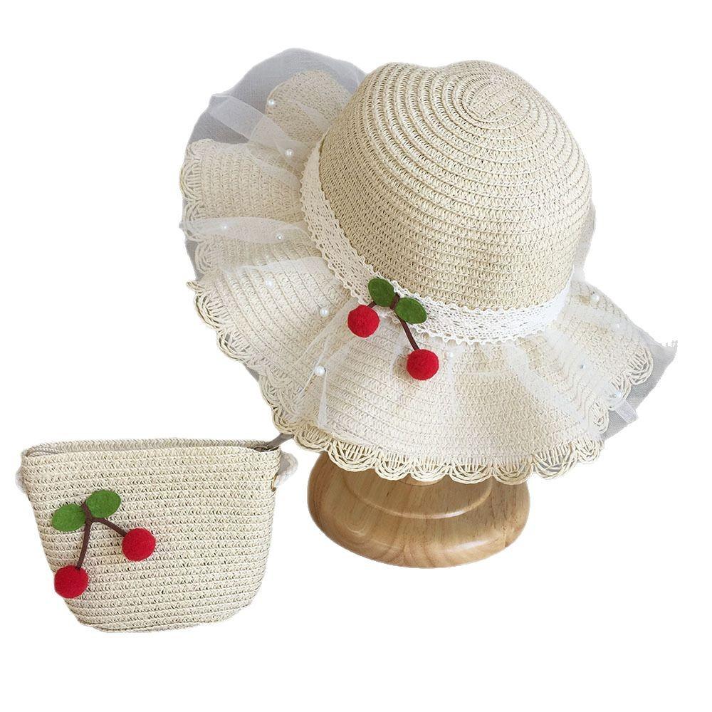 Kids Summer Beach Straw Hat Wide Brim Sun Protection Cap with Simple Lace and Cherry Decoration for Girls Outdoor Travel