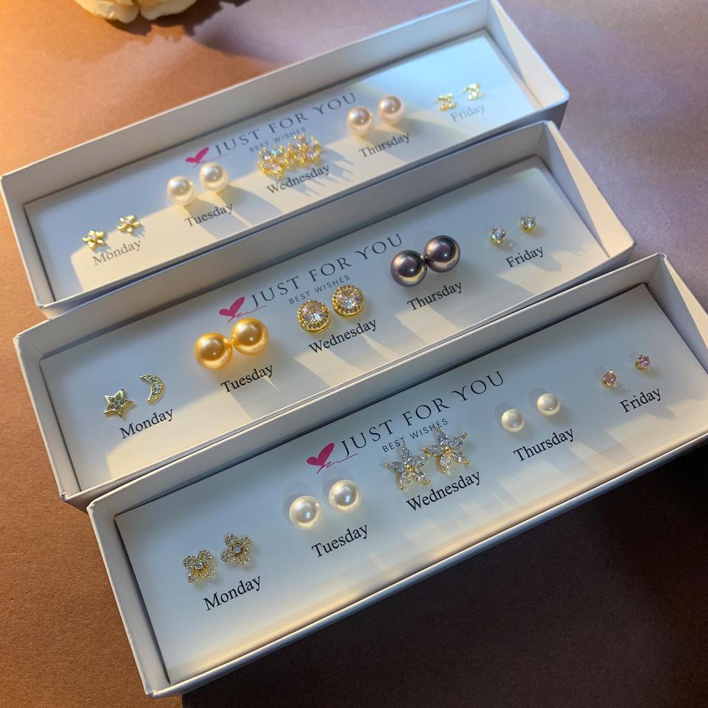 Набор серег-пуссетов в форме сердца с цирконом, цветком и жемчугом для женщин