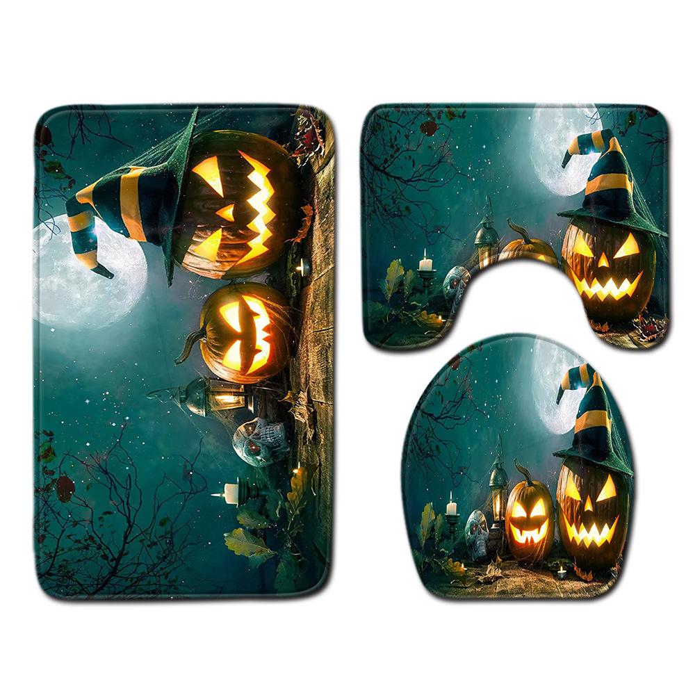 Halloween Shower Curtain Floor Mat Combination Four-Piece Set Bathroom Toilet Carpet Shower Room Foot Mat