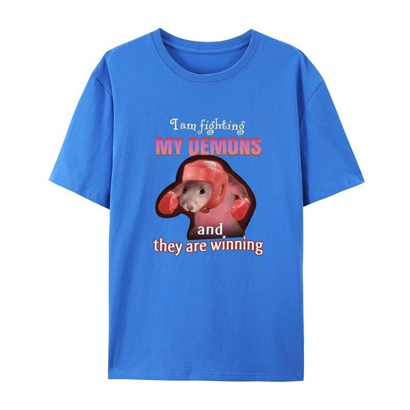 Interesting Me Fighting Against My Demon and Winning The Mouse Meme White Casual Tshirt Mens and Womens Luxury Brand Top