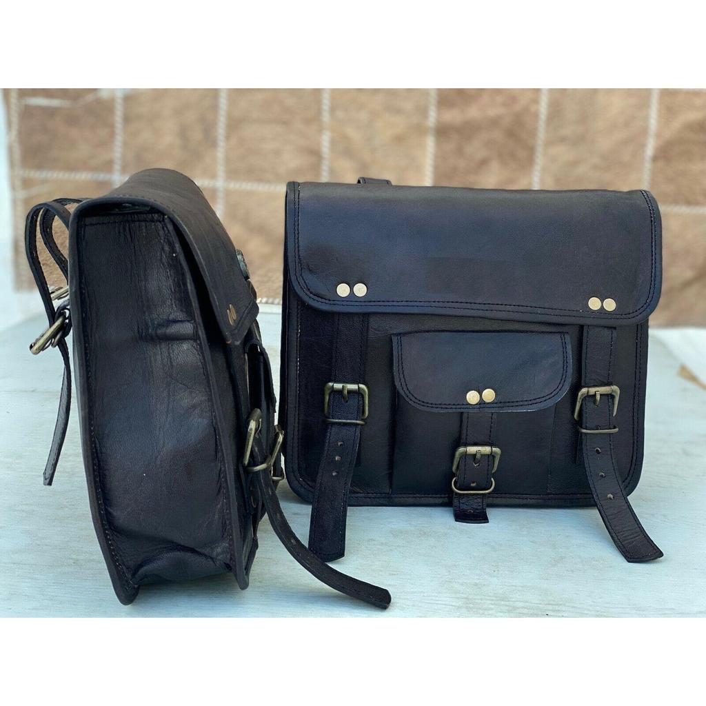 Leather Motorcycle Black Saddle Pouch Bags Panniers Tool Luggage (Handmade Bags)