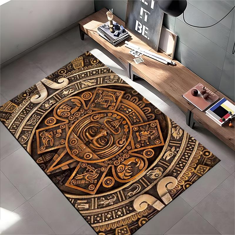 Area Rug, Mayan Aztec Calendar Sun Stone Bronze Gold Relief Print, Living Room Decor, Non-Slip Mat
