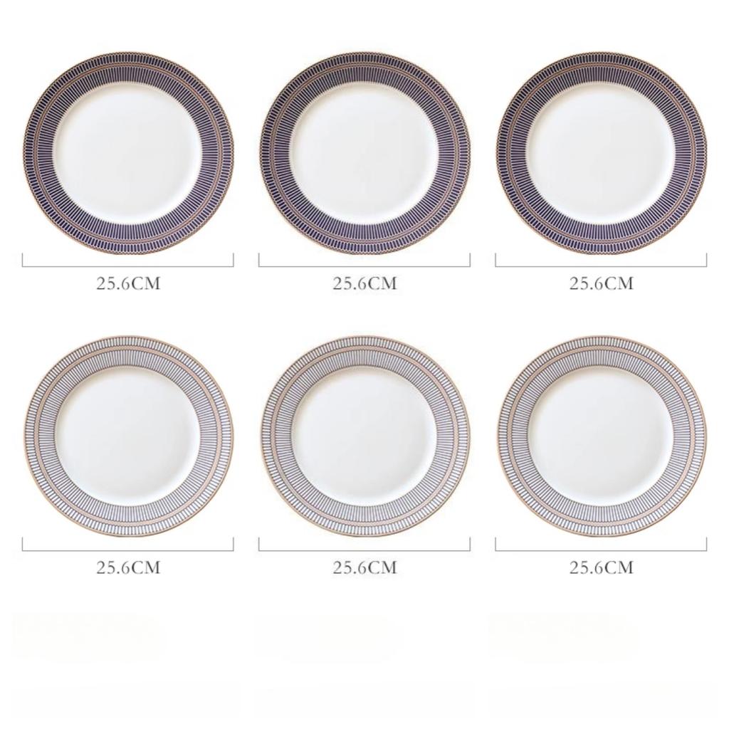 Fine Bone China Dinner Plates Sets, Light Luxury Tableware Stripe Pattern Gilt Edged Porcelain Dinnerware Round Set of 6