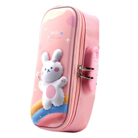 Сумка-карандаш, двухслойная 3D-печать, гладкая двойная молния, дизайн с паролем, милый узор кролика, компактная коробка для канцелярских принадлежностей с ручкой, ежедневное использование