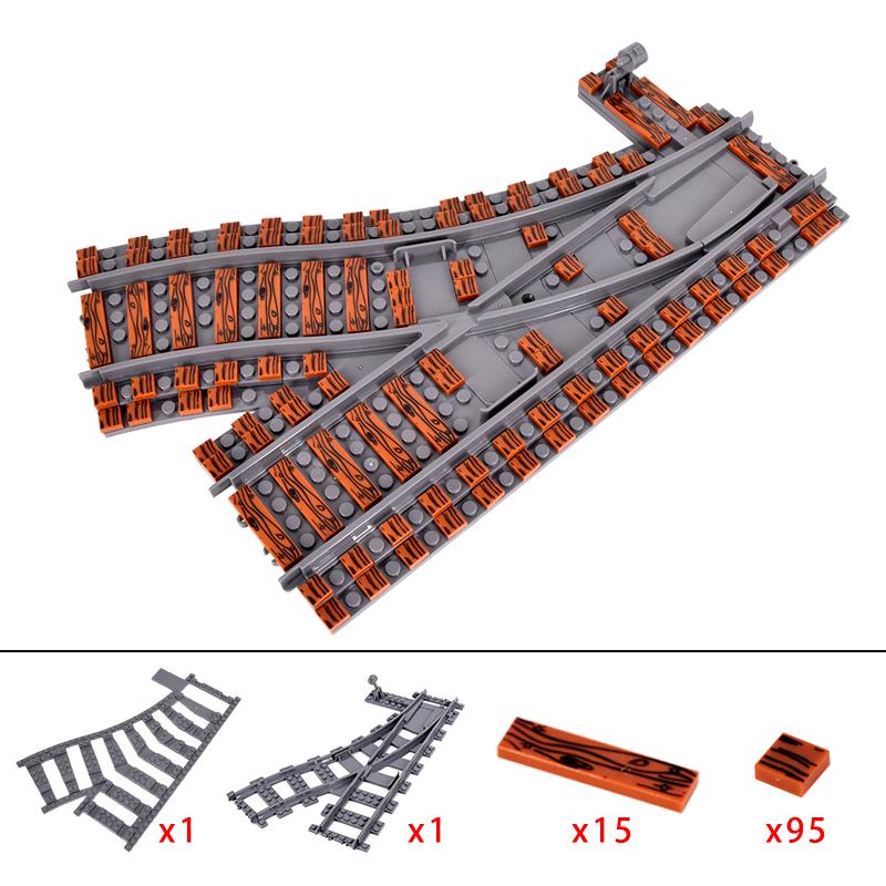 MOC городской поезд, железнодорожный переезд, гибкие рельсы, раздвоенные прямые изогнутые рельсы, переключатель, строительные блоки, кирпичи, креативные игрушки «сделай сам»