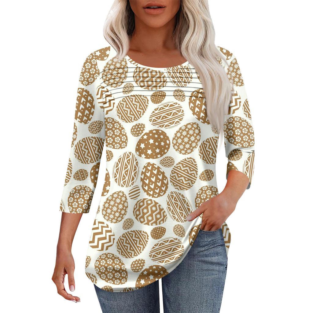 Женская мода круглый вырез шея плиссированная передняя планка с принтом рукав 3/4 топ