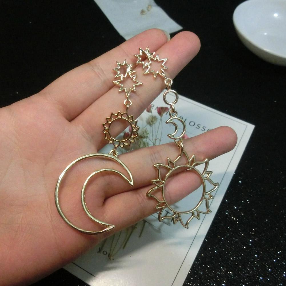 Women Stylish Sun Moon Asymmetric Earrings Simple Long Tassel Earrings