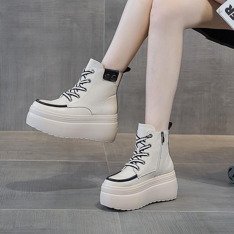 Fujin 8cm Natural Cow Genuine Leather Ankle Boots Loafer Women Mid Calf Booties Autumn Spring Comfy Platform Wedge Fashion Shoes