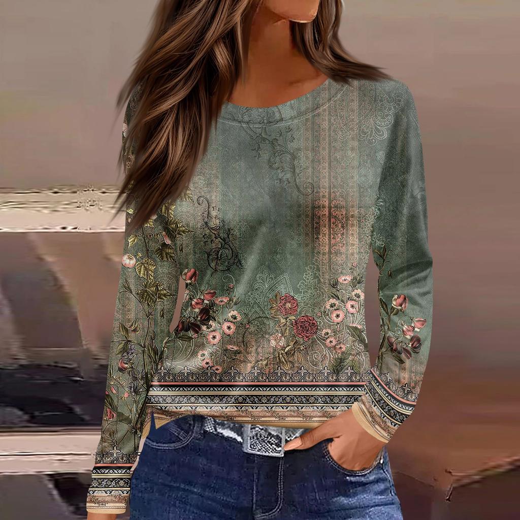 Women's Fashion Casual Slit Hem Round Neck Long Sleeve Loose  Printed T-Shirt Ladies Top