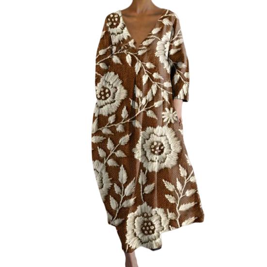 Женское летнее платье с длинными рукавами и круглым вырезом с принтом маслом Яркий цвет Глубокий V-образный вырез Свободное платье для отпуска Пляжное платье макси Ежедневное длинное платье