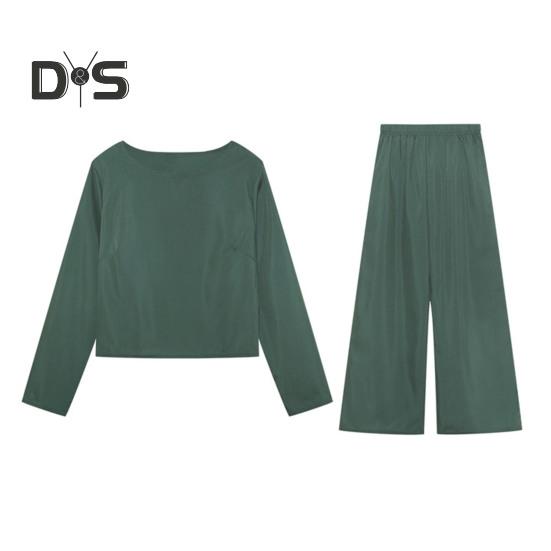 2 Pcs/Set Fall Spring Women Top Pants Set Long Sleeves Round Neck T-shirt Elastic Waist Trousers with Side Pockets OL Commuting Sport Pantsuit Outfit