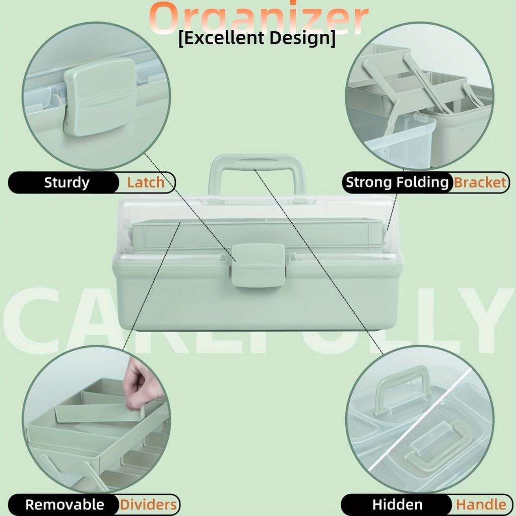 3-ярусный регулируемый складной органайзер для рукоделия - Прочный пластиковый контейнер для хранения с прозрачной крышкой для художественных принадлежностей, инструментов, лекарств, шитья и живописи