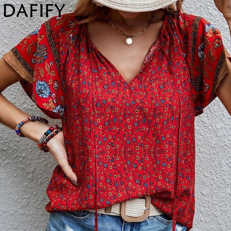 DAFIFY Женские винтажные богемные летние весенние повседневные свободные блузки и рубашки с цветочным узором и принтом с коротким рукавом и v-образным вырезом