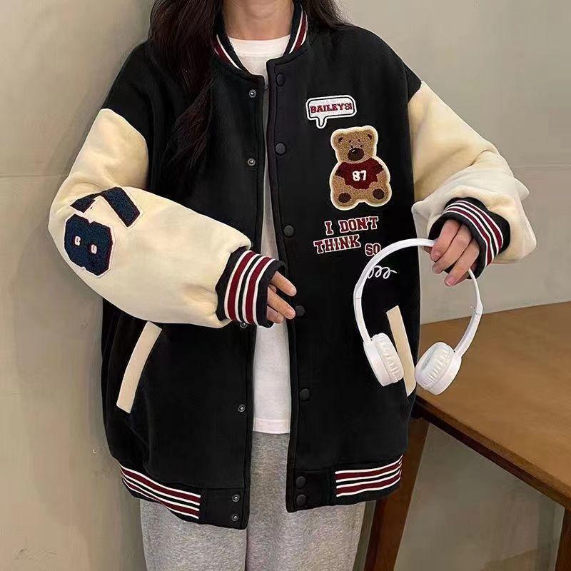 New Retro Bear Baseball Uniform for Autumn and Winter for Women with Niche Design High Street Loose Casual College Style Jacket