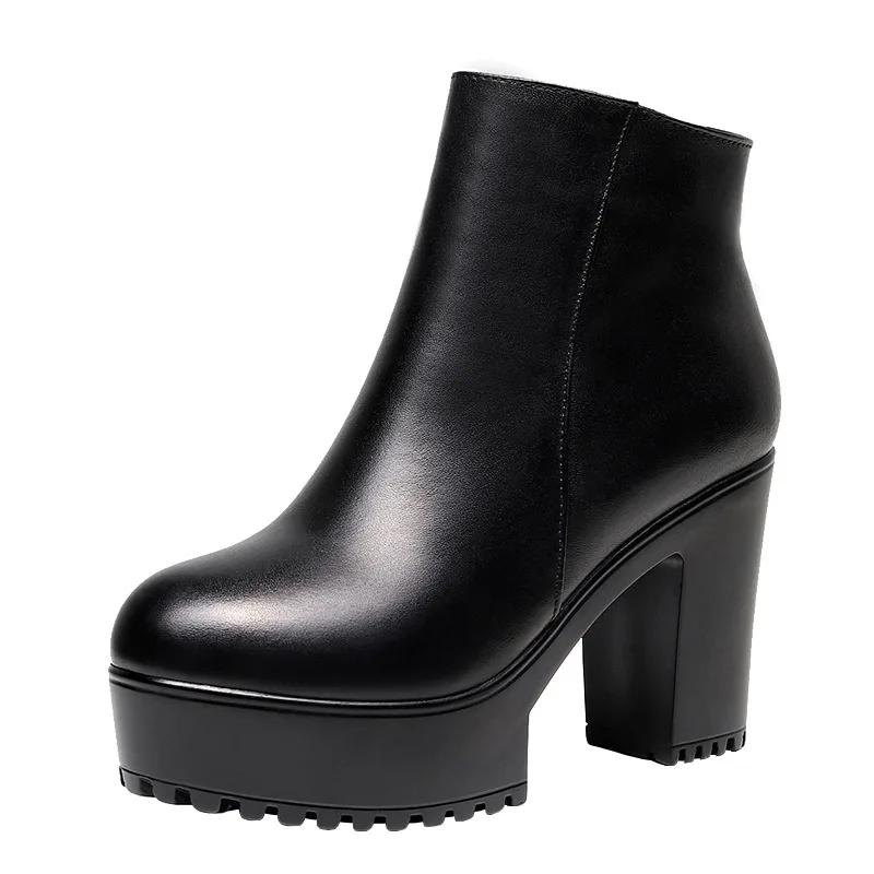 8cm 10cm Small Size 33-43 Thick Bottom Platform Shoes Ankle Boots with Fur 2025 Block High Heels Genuine Leather Boots Office