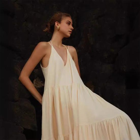 Леди пляжное платье Глубокий V-образный вырез Свободное трапециевидное лоскутное платье с открытой спиной и без рукавов Плиссированное платье с ремешками для отдыха Курортная одежда Макси-платье Сарафан длиной до пола