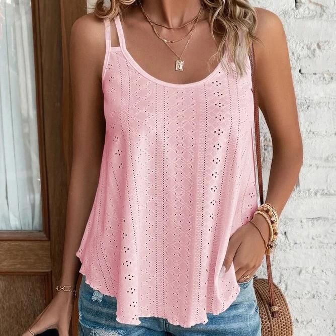 Plus Size Women Double Shoulder Strap Cami Tops, Embossed Hollow Out Sleeveless Loose Casual Basic Layering Tank Vest
